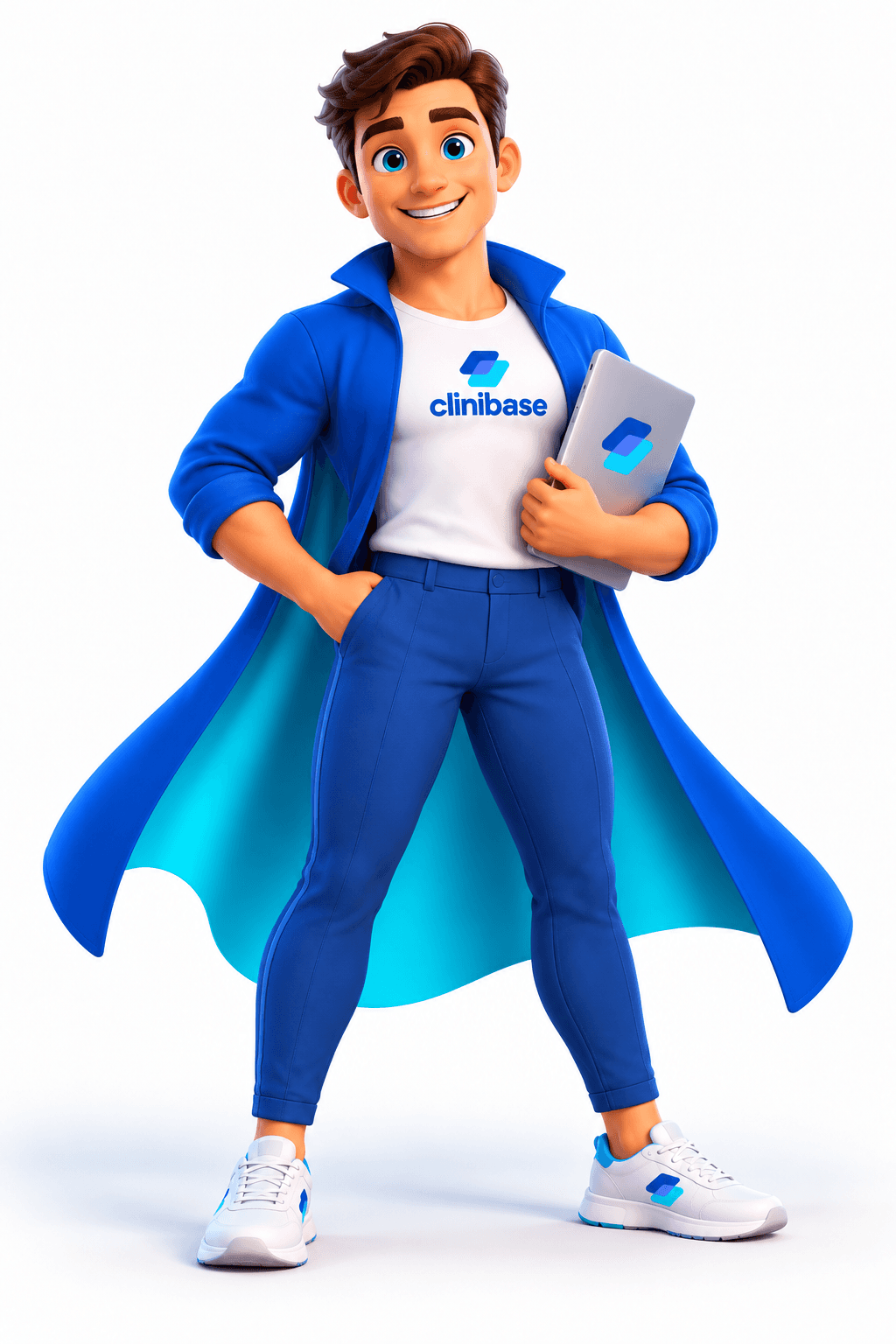 A confident practice manager in CliniOps blue, holding a tablet